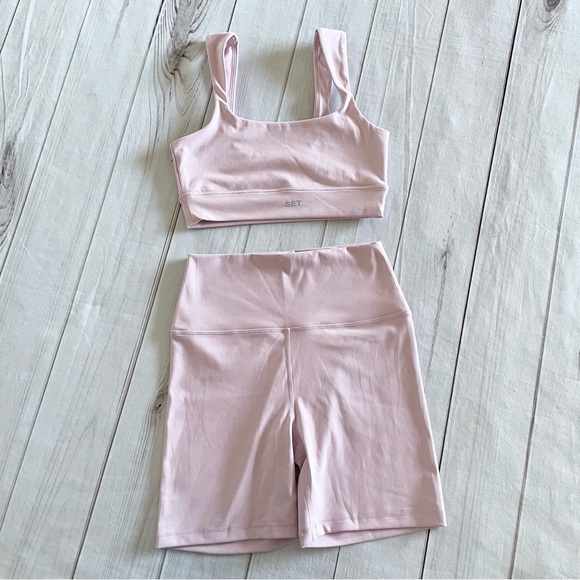 SET ACTIVE Luxform Sports Bra & Biker Shorts Set Women’s M Cowgirl Pink Workout - Picture 2 of 10